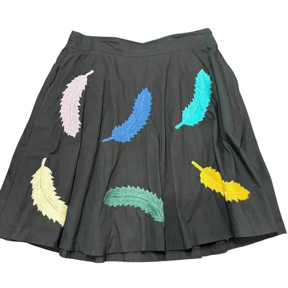 ANTHRO Girls from Savoy Women's black full skirt with feathers, pockets, 12 - Picture 1 of 5